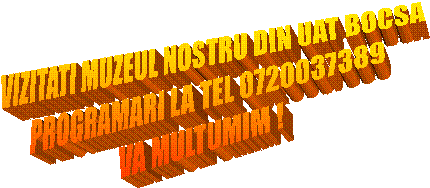 VIZITATI MUZEUL NOSTRU DIN UAT BOCSA
PROGRAMARI LA TEL 0720037389
VA MULTUMIM !