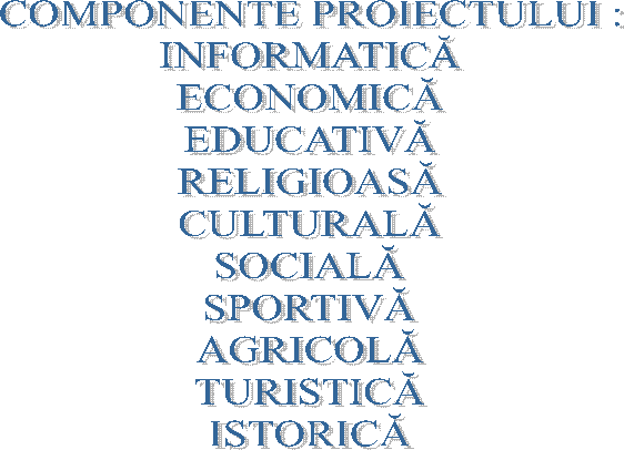 COMPONENTE PROIECTULUI :
INFORMATICĂ
ECONOMICĂ
EDUCATIVĂ
RELIGIOASĂ
CULTURALĂ
SOCIALĂ
SPORTIVĂ
AGRICOLĂ
TURISTICĂ
ISTORICĂ
